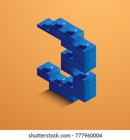 Blue number three from lego bricks on yellow background. 3d lego number three

