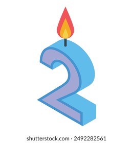 Blue number two candle with a lit wick is perfect for celebrating a second birthday or anniversary