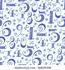 Blue Numbers seamless pattern. Hand drawn cartoon doodle ornamental Numbers. Mathematical background for kids.