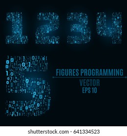 The blue numbers of the symbols and the programming elements. Numbers 1, 2, 3, 4, 5. Light glow. Binary code Vector illustration