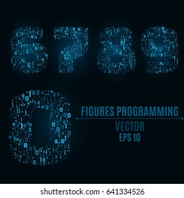 The blue numbers of the symbols and the programming elements. Numbers 6, 7, 8, 9, 0. Light glow. Binary code Vector illustration
