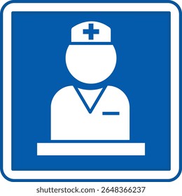 Letrero azul de la estación de enfermería. Ilustración vectorial. Lugar de trabajo de enfermera de barrio en el departamento de pacientes hospitalizados. Iniciar sesión del Departamento Hospitalario