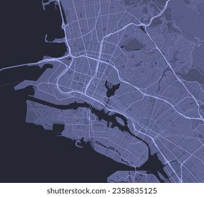 Blue Oakland map, United States, detailed municipality map, skyline panorama. Decorative graphic tourist map of Oakland territory. Royalty free vector illustration.