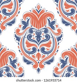 Blue and oange floral seamless pattern. Vintage vector, paisley elements. Traditional,Turkish, Indian motifs. Great for fabric and textile, wallpaper, packaging or any desired idea.