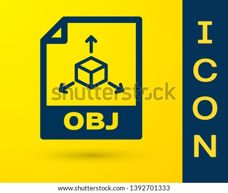 Blue OBJ file document icon. Download obj button icon isolated on yellow background. OBJ file symbol. Vector Illustration