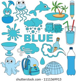 Blue Objects Color elements set, collection of coloring book template, the group of outline digital elements vector illustration, kid educational game page.