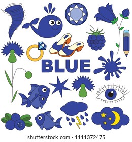 Blue Objects Color elements set, collection of coloring book template, the group of outline digital elements vector illustration, kid educational game page.