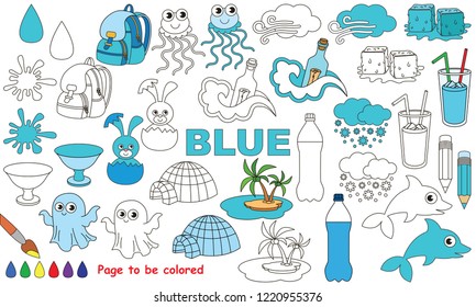 Blue Objects Color elements set, collection of coloring book template, the group of outline digital elements vector illustration, kid educational game page.