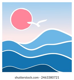 Cartel de arte del océano azul. A medida que el sol se levanta sobre la gran ola Art Print. Arte naif, fondos contemporáneos. Playa y Ilustración vectorial solar	