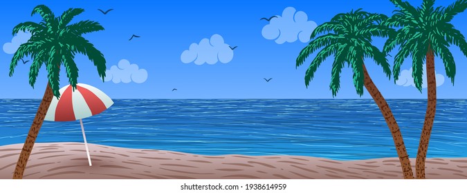 Blue ocean beach, umbrella on sand and palm trees in vector.