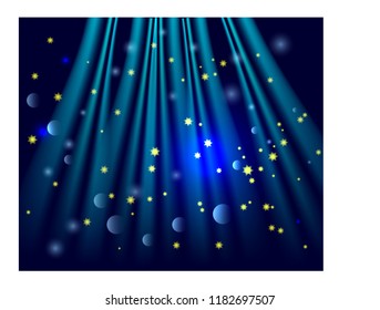 Blue ocean with bubbles illuminated the bright rays. Under water.