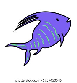 Blue ocean fish with a long upper fin. Green stripes. Isolated on white. Vector EPS10.