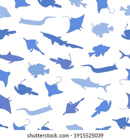 Blue ocean fish. Seamless pattern hand drawing silhouette vector.