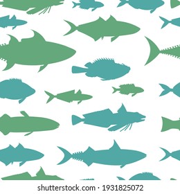 Blue ocean fish. Seamless pattern hand drawing silhouette vector.