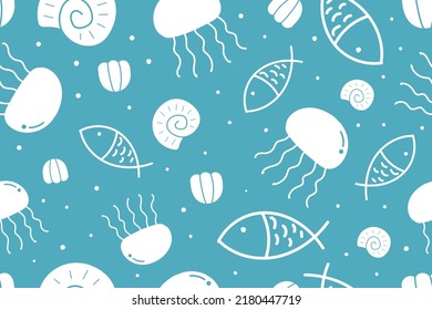 Blue ocean life cute cartoon doodle pattern seamless