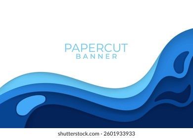 Blue Ocean Papercut Banner – Abstract Wave Layer Design Background