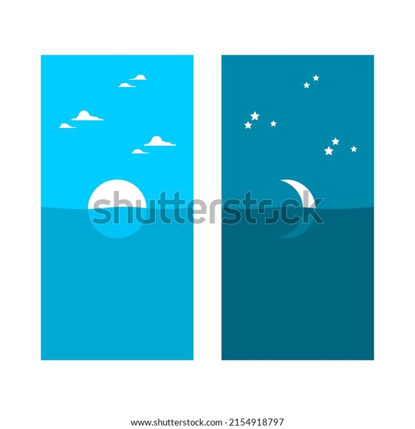 Blue ocean sea day and night minimal vertical\
flat vector design.