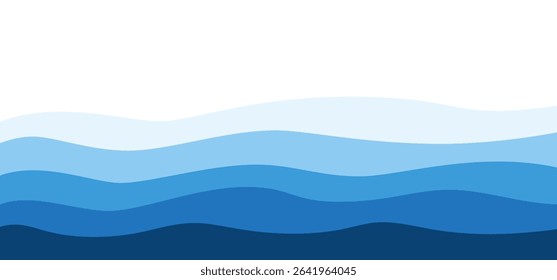 Blue ocean or sea layered waves with various shades effect. Ideal for beach designs template. Vector water art background for sale banners or summer promotional with smooth flowing wave clip pattern.