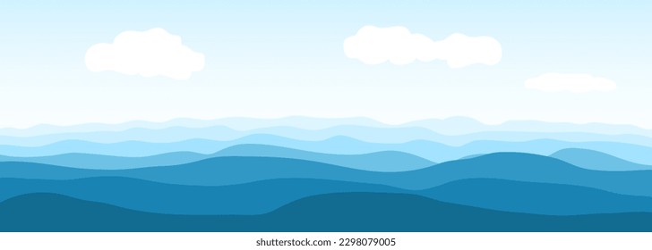 Blue ocean or sea waves. Realistic vector ocean waves and sky with clouds on wide background. Abstract blue sea waves. Vector illustration