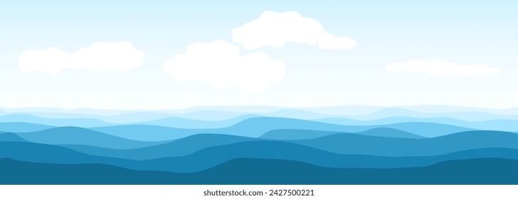 Blue ocean or sea waves. Realistic vector ocean waves and sky with clouds on wide background. Abstract blue sea waves. Vector illustration