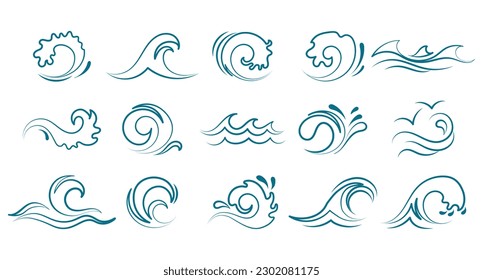 Blue ocean sea waves set. Line icons, logos, vector