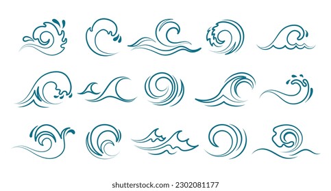 Blue ocean sea waves set. Line icons, logos, vector