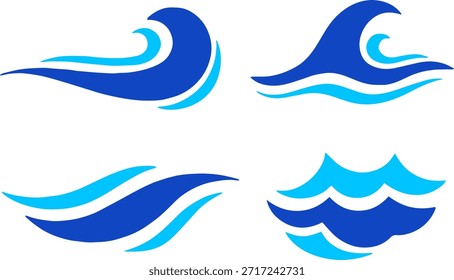 Conjunto azul de las olas del mar del océano, Vector mínimo plano, icono del chapoteo del agua