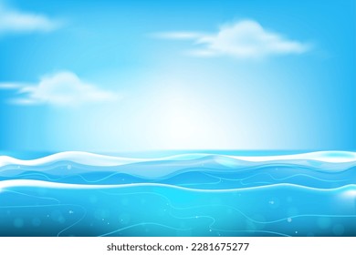Blue ocean seawater surface with sky, clouds and sunshine, summer background  concept