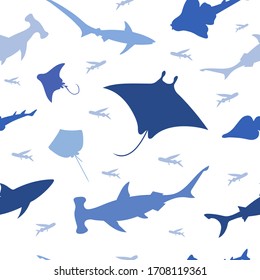 Blue ocean shark fish. Seamless pattern vector.