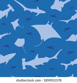 Blue ocean shark fish. Seamless pattern vector.