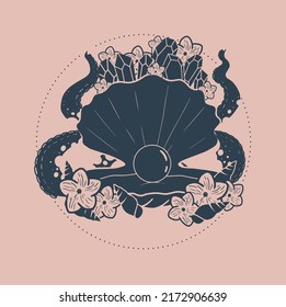Blue ocean shell with flowers and crystals, magical vector art