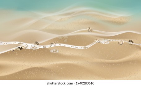 Blue ocean with soft wave form and sandy beach, Sand Beach with seashells for background.Top view Vector illustration Sand Texture, Backdrop Brown Beach sand dune for Summer banner concept