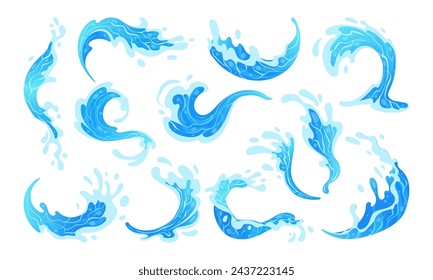 El océano azul salpica. Salpicaduras de agua, olas de agua, gotas y flujos, agua limpia salpicaduras vector plano conjunto de ilustración. Elementos de movimiento de agua transparente