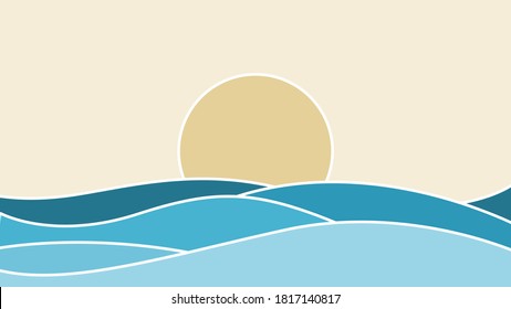 Blue ocean with sun in background and white border style. Vector illustration, landscape.