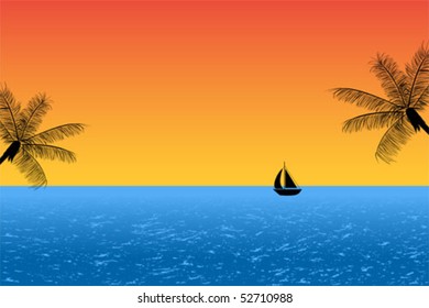 Blue ocean at sunset with palm trees