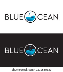 Blue Ocean vector logo typographic design with letter "O" containing water illustration.