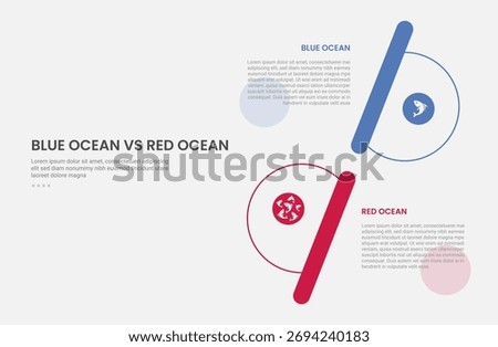 blue ocean vs red ocean business infographic outline style with 2 point comparison template with half circle vertical stack shape opposite direction for slide presentation vector