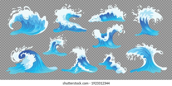 Blue ocean water waves with foam of different size and shape on transparent background isolated vector illustration