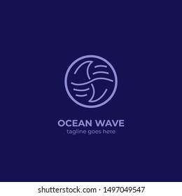 blue ocean wave ambigram icon logo inside circle badge with dark blue background vector