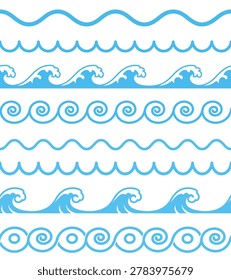 Blue Ocean Wave Border Seamless Pattern Set