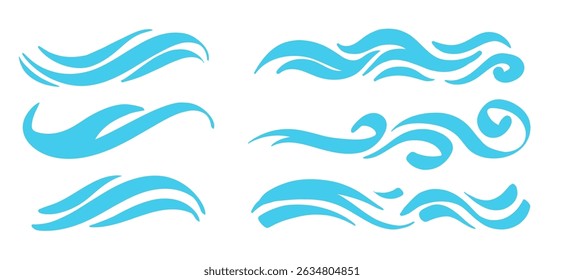 Blue ocean wave icons set. Abstract marine water curves, decorative splashes, swirl lines, and aqua contours. Tsunami, tide, storm elements for sea, ocean, and nautical design. Vector illustration