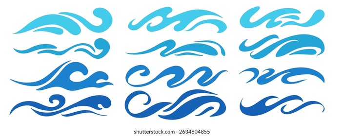 Blue ocean wave icons set. Abstract marine water curves, decorative splashes, swirl lines, and aqua contours. Tsunami, tide, storm elements for sea, ocean, and nautical design. Vector illustration
