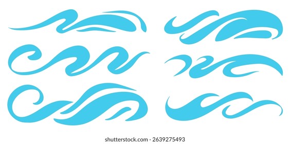 Blue ocean wave icons set. Abstract marine water curves, decorative splashes, swirl lines, and aqua contours. Tsunami, tide, storm elements for sea, ocean, and nautical design. Vector illustration