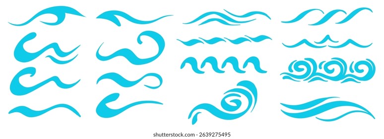 Blue ocean wave icons set. Abstract marine water curves, decorative splashes, swirl lines, and aqua contours. Tsunami, tide, storm elements for sea, ocean, and nautical design. Vector illustration
