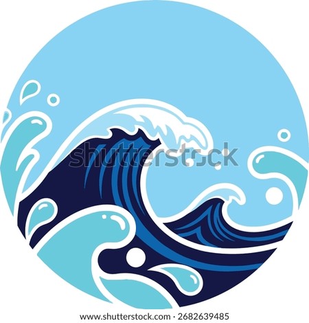 Blue ocean wave illustration in a circle, water splash art