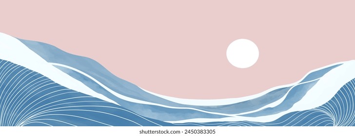 Blue Ocean wave illustration. Creative minimalist modern paint and line art print. Abstract  contemporary aesthetic backgrounds landscapes. with Ocean wave, sea and sun