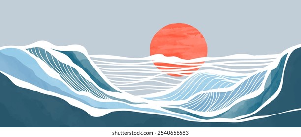 Blue ocean wave illustration. Creative minimalist modern painting and line art print. Abstract contemporary aesthetic backgrounds landscapes. with sea, sunset, wave