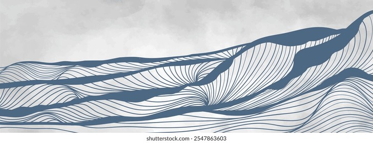 Blue Ocean wave illustration. Creative minimalist modern painting and line art pattern. Abstract  contemporary aesthetic backgrounds landscapes. with Ocean wave, skyline and sea