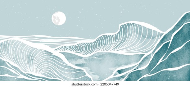 Blue Ocean wave landscape. Creative minimalist modern paint and line art print. Abstract contemporary aesthetic backgrounds landscapes. with Ocean, sea, hill, wave. vector illustrations