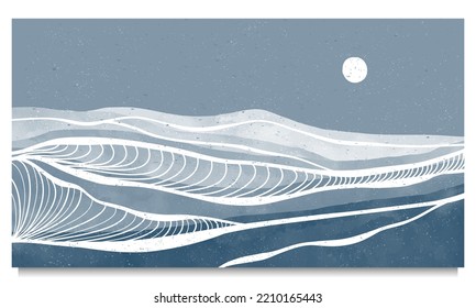 Blue Ocean wave landscape. Creative minimalist modern paint and line art print. Abstract contemporary aesthetic backgrounds landscapes. with Ocean, sea, hill, wave. vector illustrations